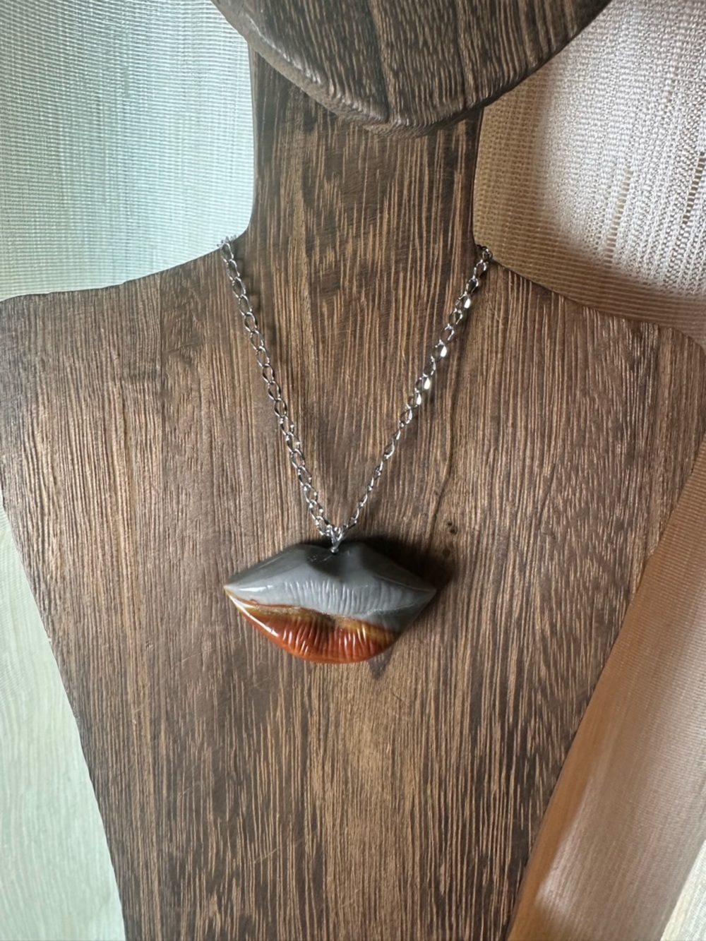 Alashan Agate Lips Pendant Necklace on Sterling Silver Bail and Stainless Steel - Picture 6 of 11